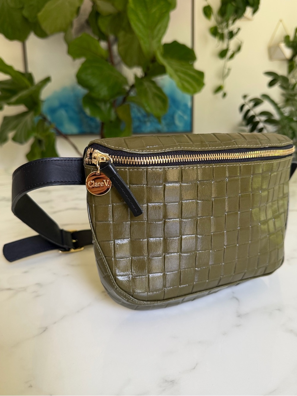 Clare V. Fanny Pack Crossbody Belt Bag Olive Green Croc Embossed Leather - Picture 3 of 8